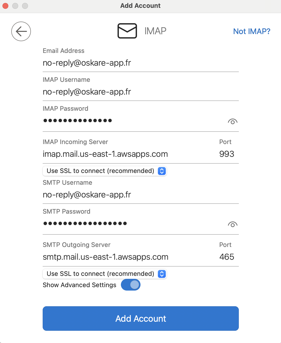 IMAP connection form